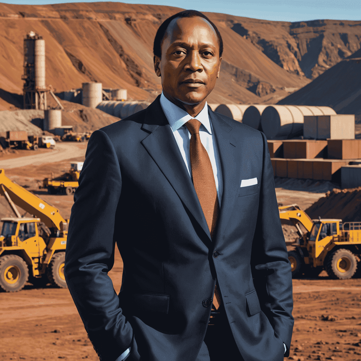 Patrice Motsepe standing confidently in a business suit, with a backdrop of a mining operation