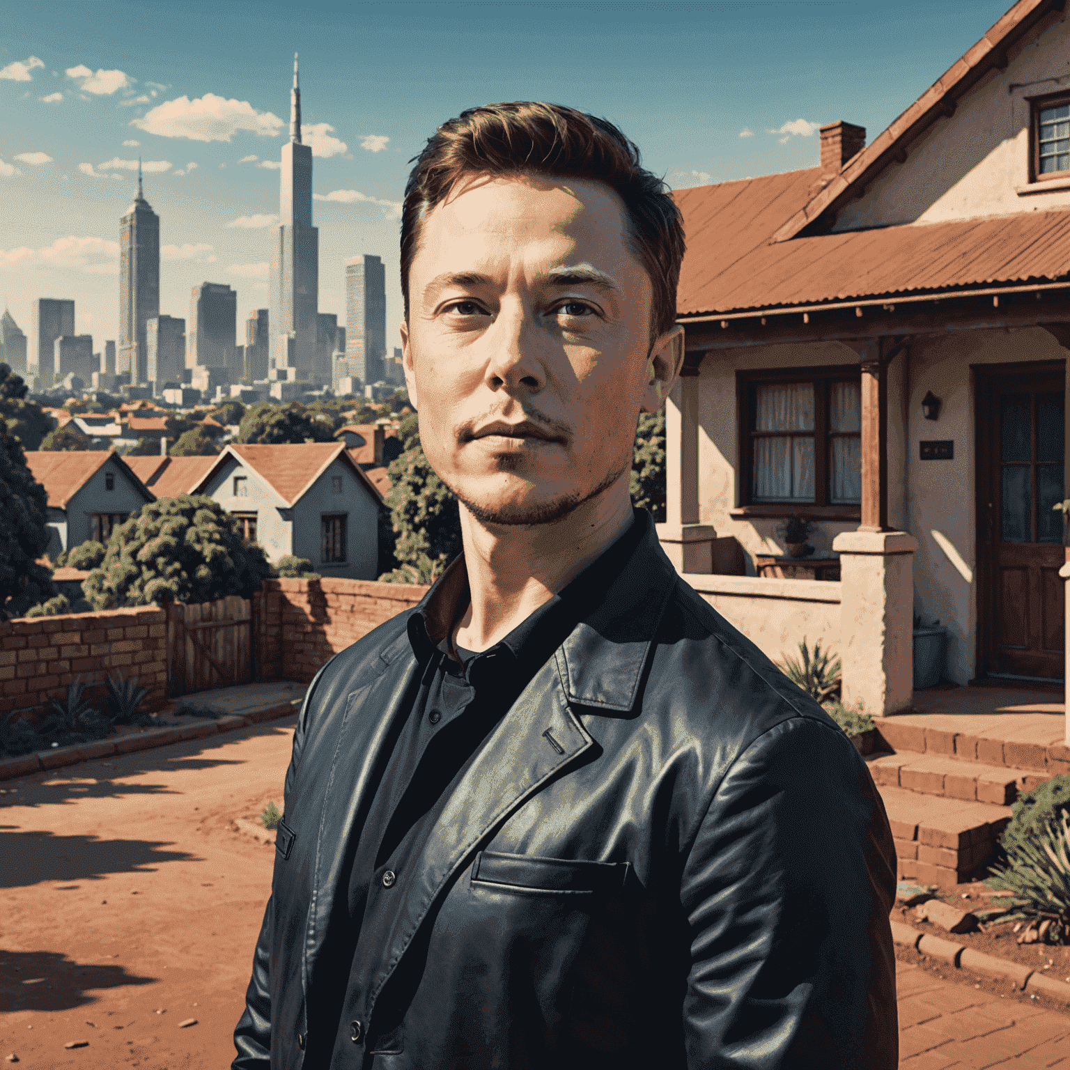 Young Elon Musk in Pretoria, South Africa, standing in front of his childhood home with a backdrop of the city skyline