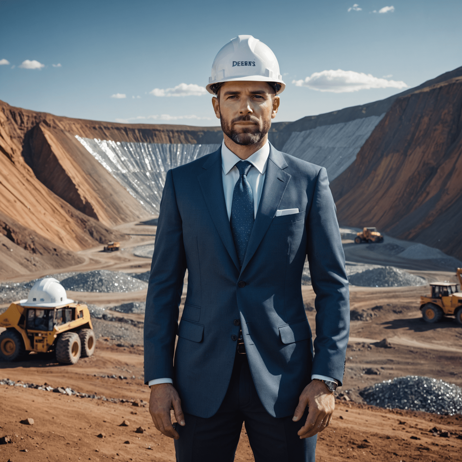 Nicky Oppenheimer standing in front of a De Beers diamond mine, wearing a suit and hard hat, with sparkling diamonds in the foreground