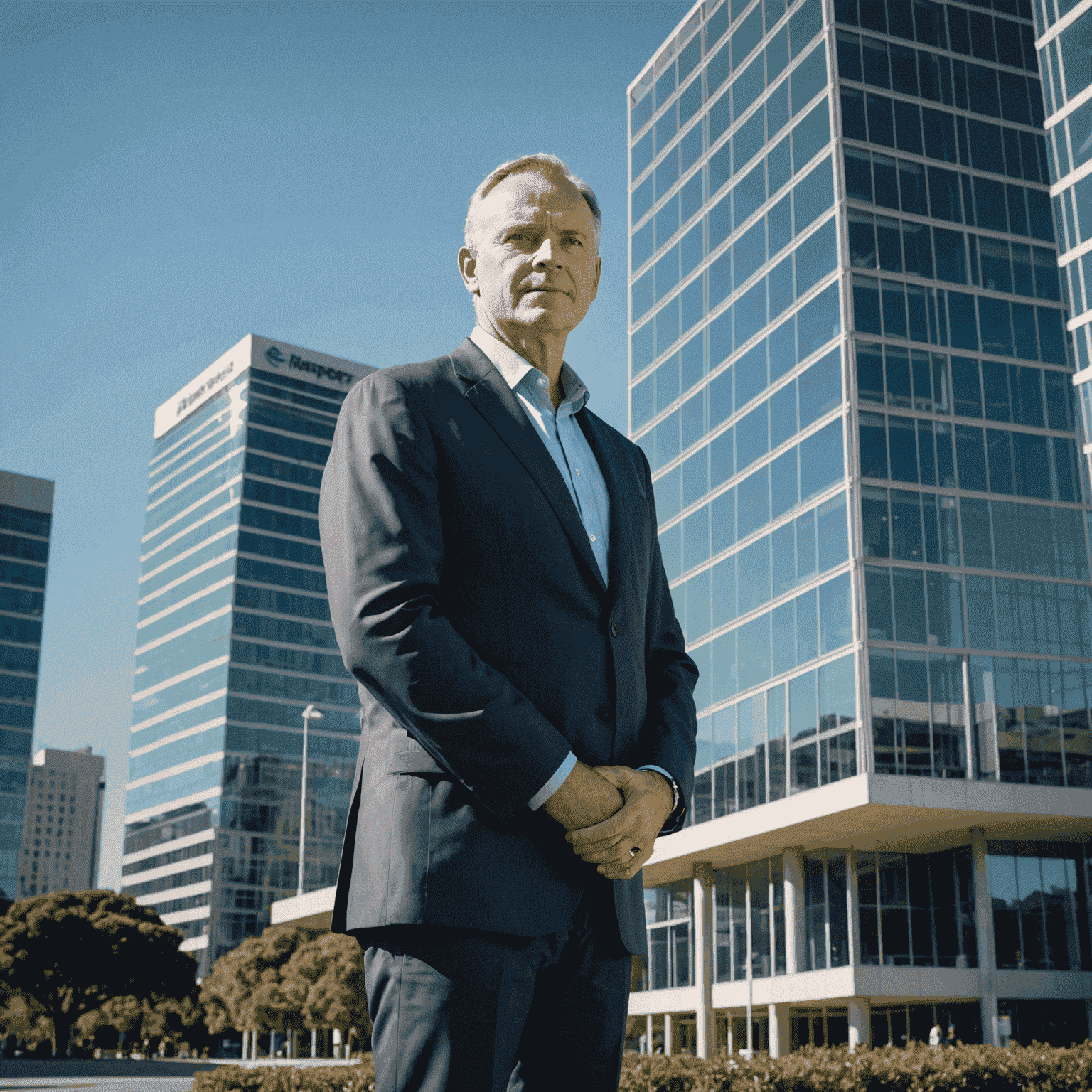 Koos Bekker standing confidently in front of Naspers headquarters, a modern glass building reflecting the Cape Town skyline