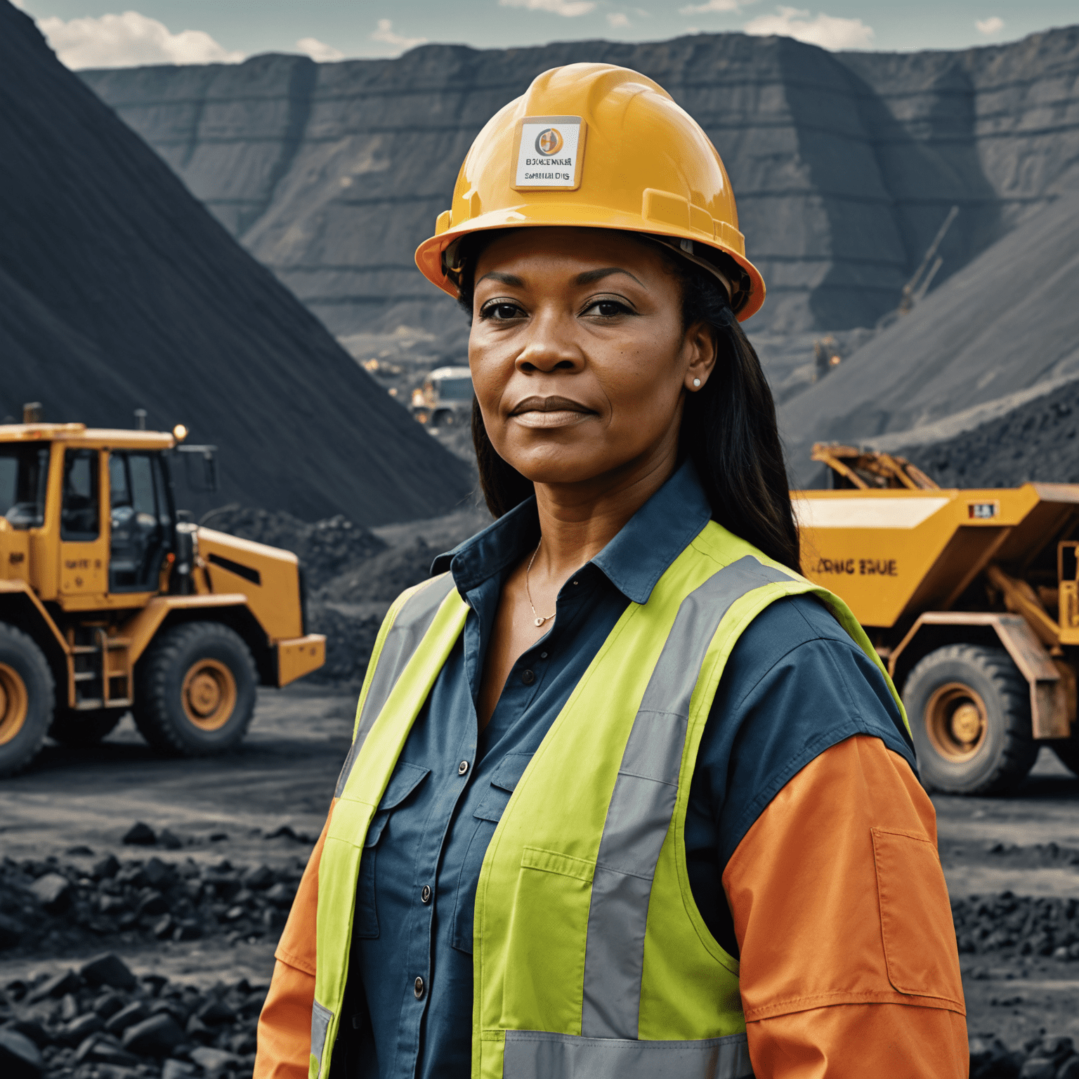 Bridgette Radebe standing confidently in front of a coal mine, wearing a hard hat and safety vest. The background shows the vast expanse of a mining operation.