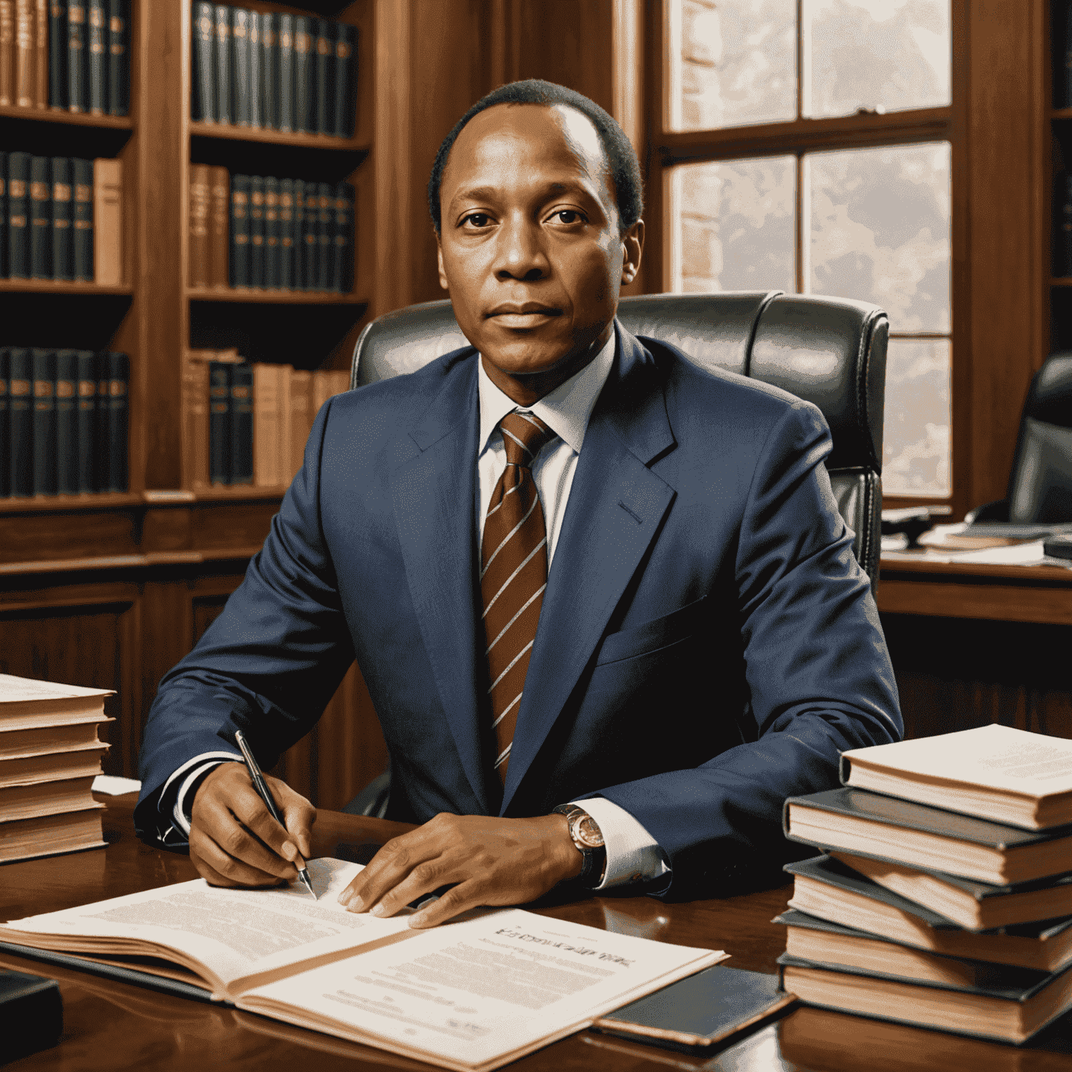 Young Patrice Motsepe in a law office, surrounded by mining law books and documents