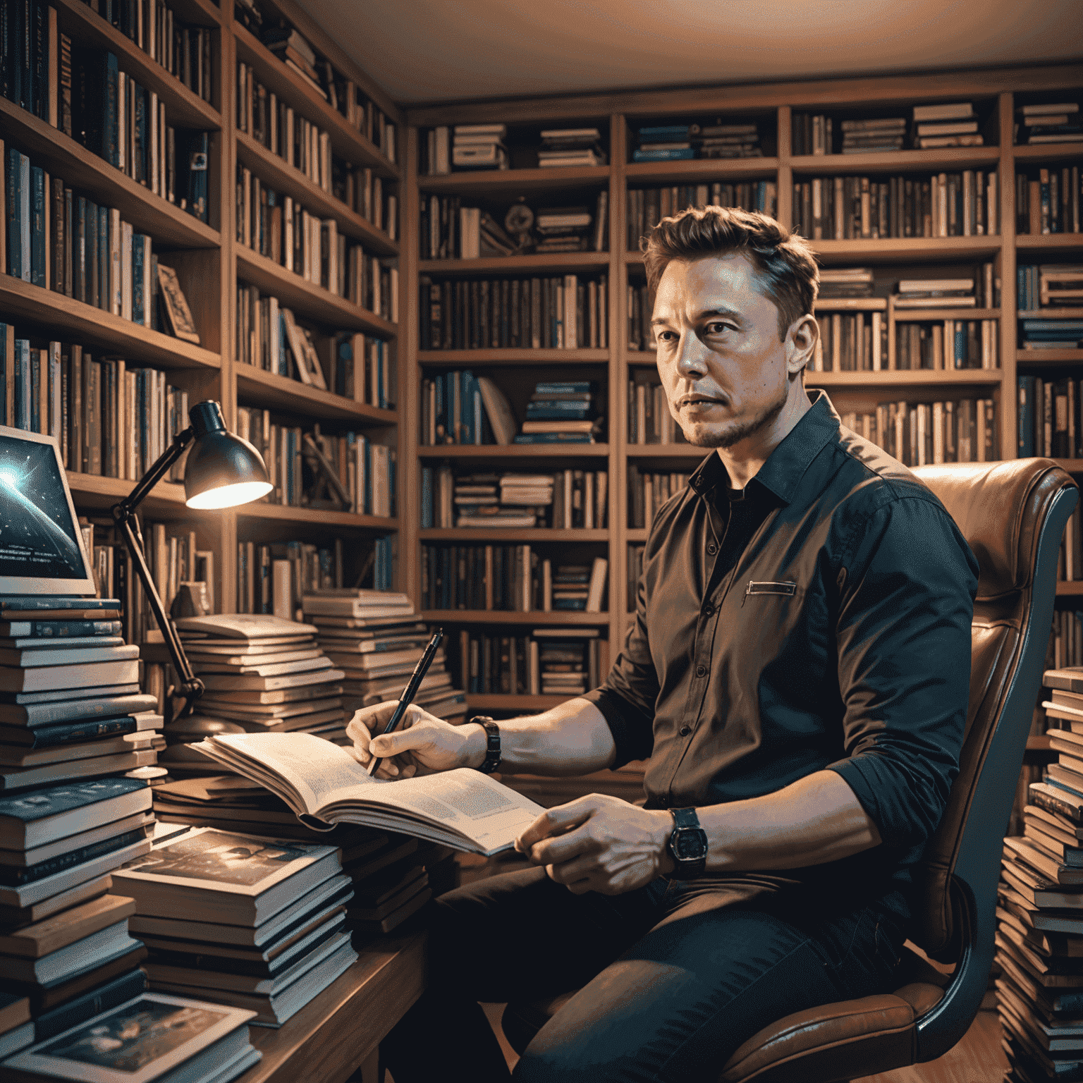 Young Elon Musk reading a computer programming book in his bedroom, surrounded by stacks of science fiction novels and technical manuals