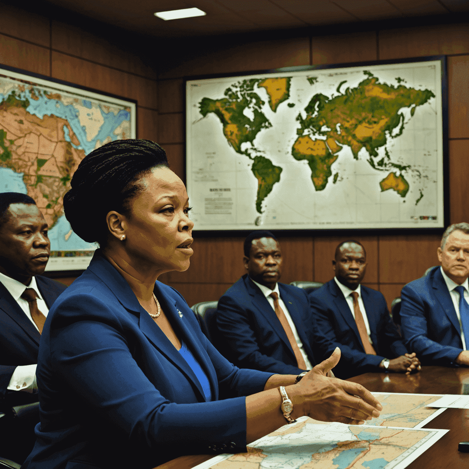 Bridgette Radebe addressing a group of miners and executives in a boardroom. She is gesturing towards a large map of mining operations on the wall.