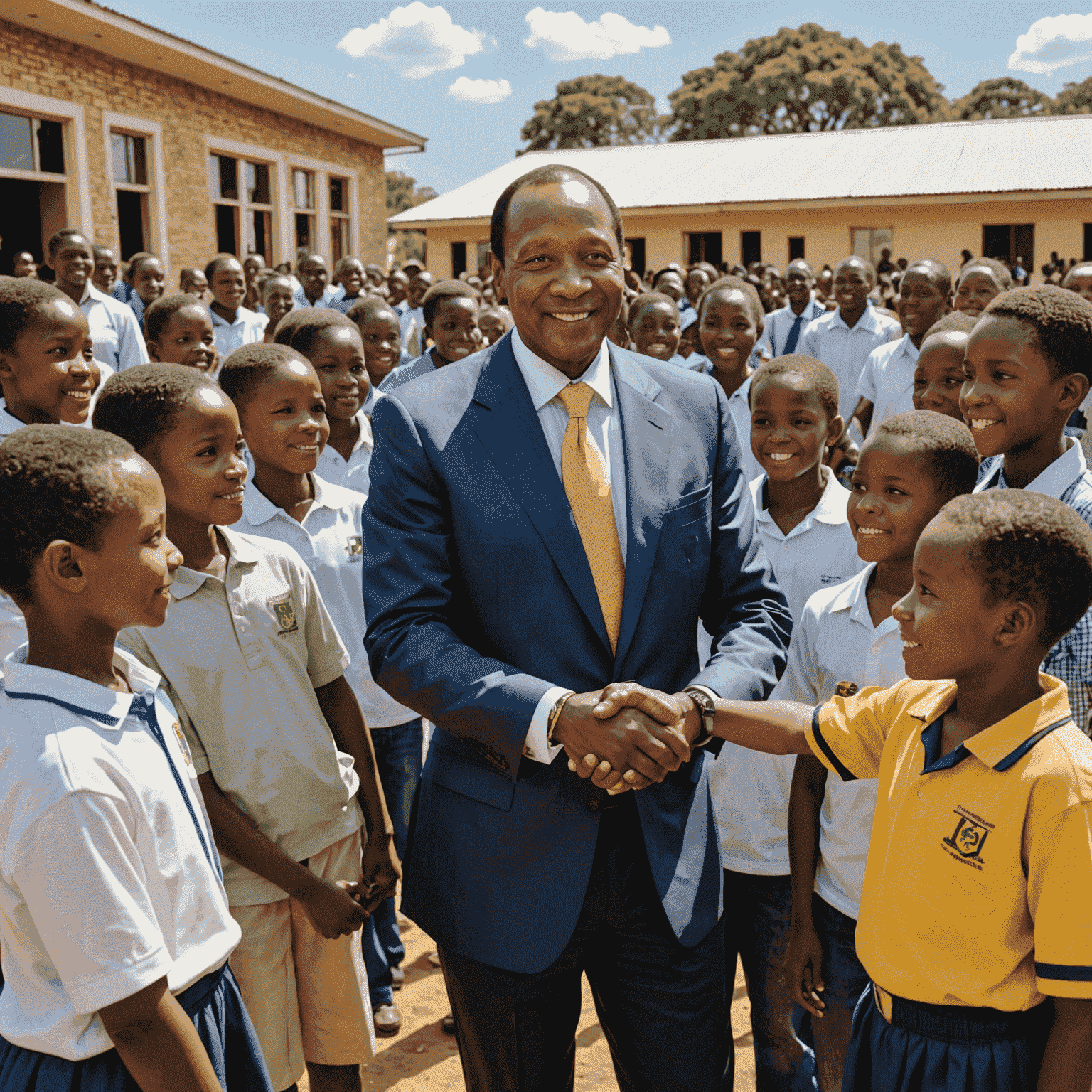 Patrice Motsepe shaking hands with beneficiaries of his philanthropic efforts, with a backdrop of a newly built school or community center