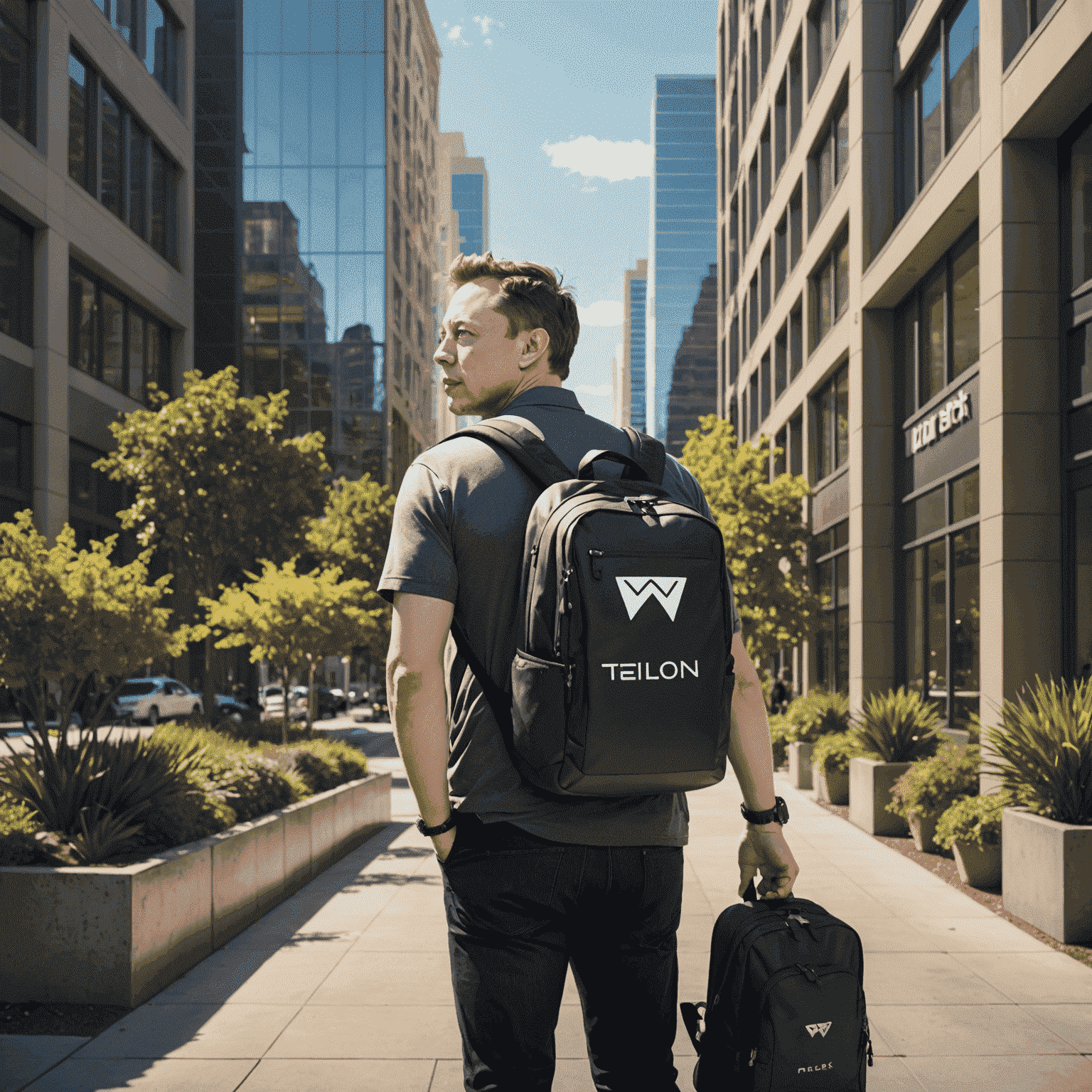 A young adult Elon Musk arriving in Silicon Valley, carrying a backpack and looking at the iconic tech company logos on office buildings