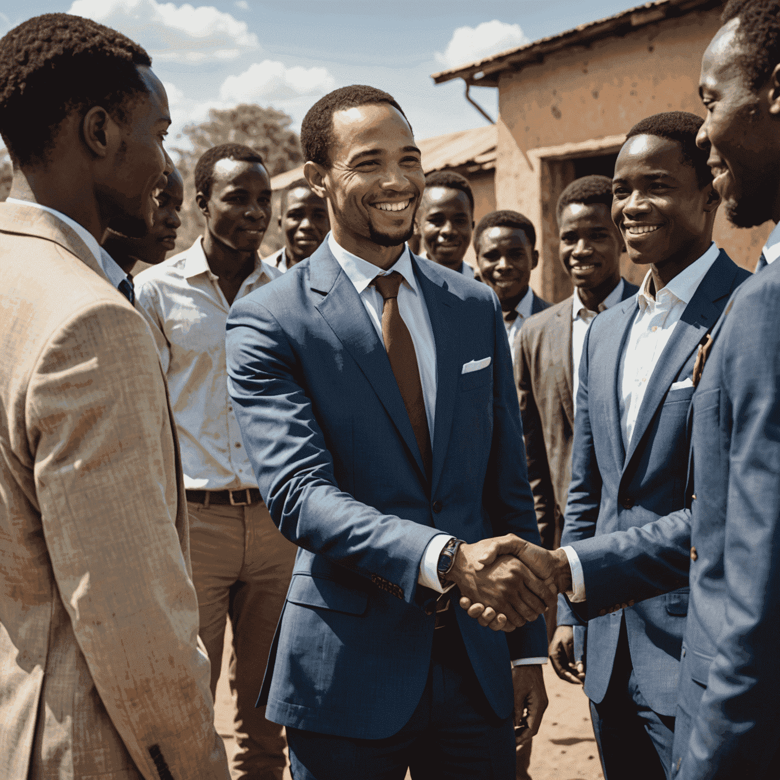 Nicky Oppenheimer shaking hands with young African entrepreneurs, symbolizing his commitment to fostering economic growth in Africa